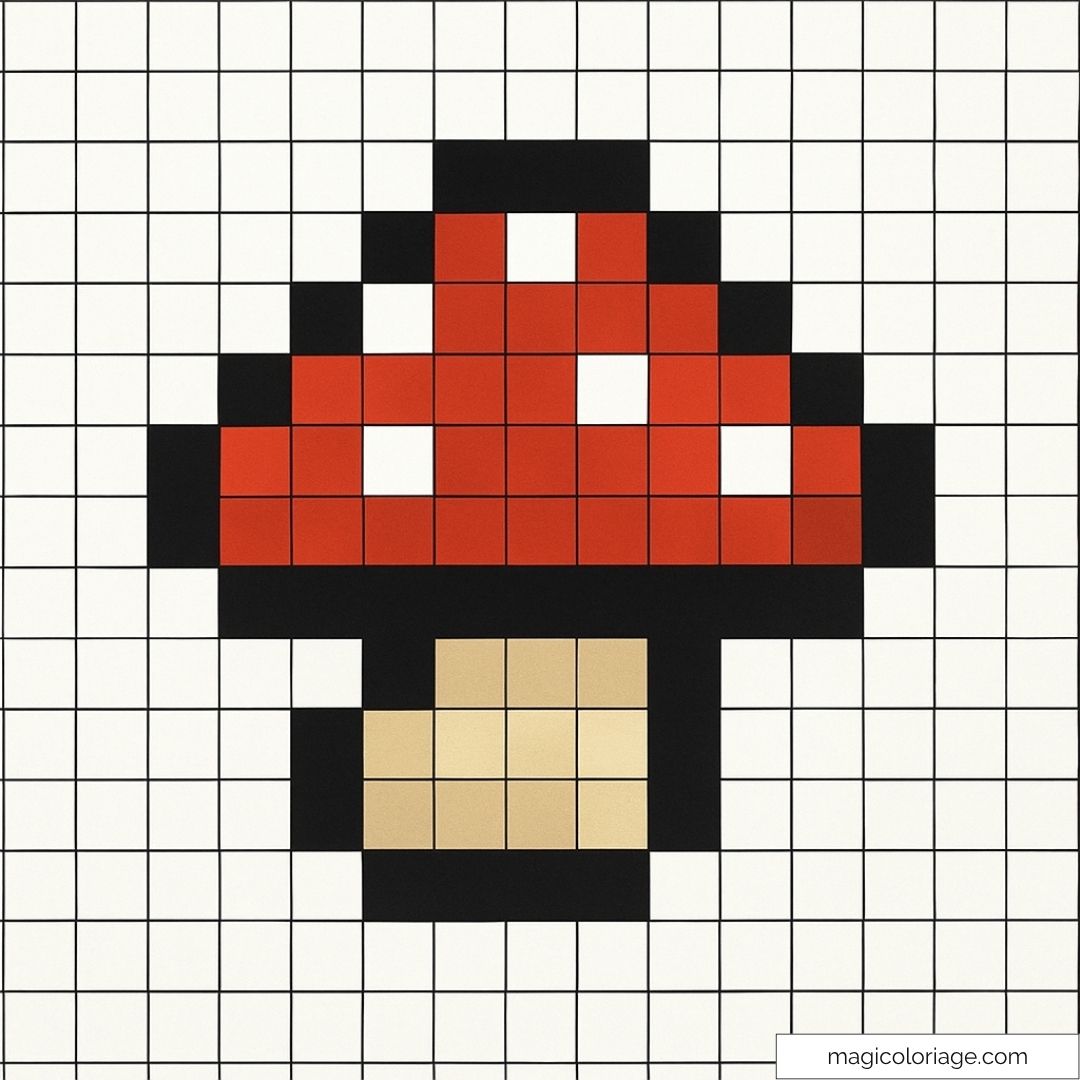 Image pixel art de champignon rouge et blanc sur fond quadrillé.