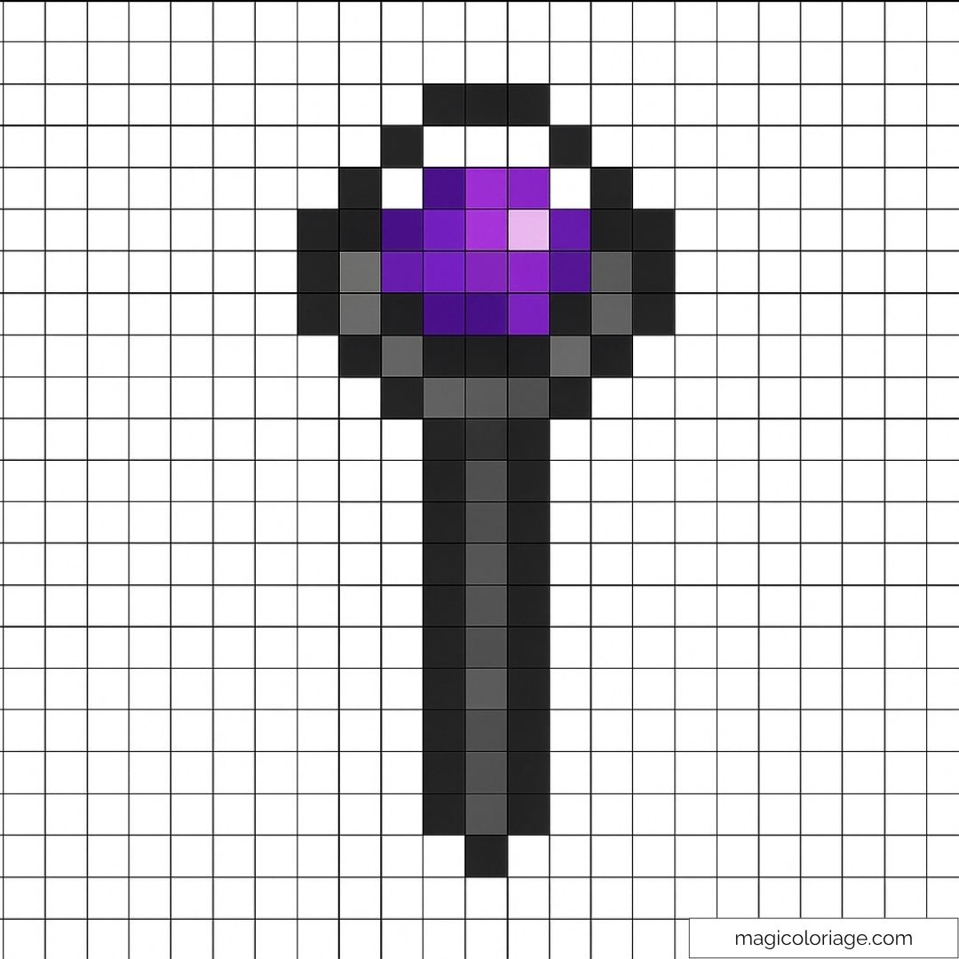 Micro pixel art avec un manche noir et une sphère violette mystique