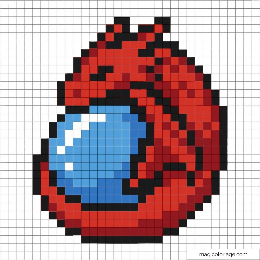 Œuf rouge et bleu en pixel art avec effet de lumière.