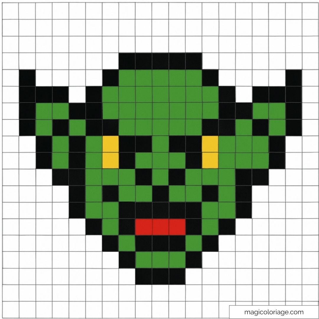 Pixel art visage de gobelin vert avec grands yeux jaunes et oreilles pointues.
