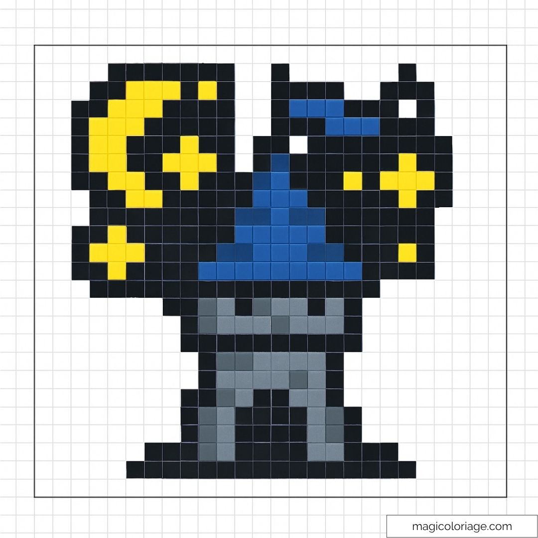 Dessin pixel art d'un sorcier avec un chapeau bleu et un ciel étoilé.