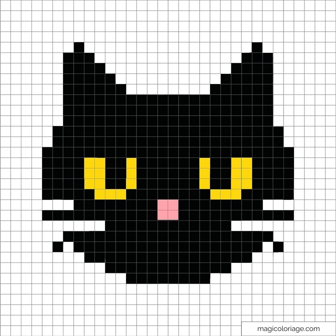 Pixel art chat noir avec yeux jaunes et mignon nez rose