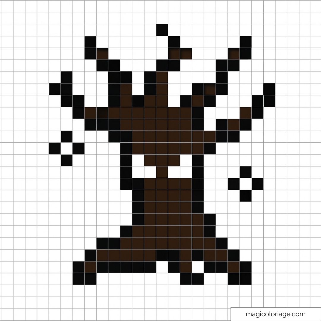 Pixel art arbre énigmatique avec branches tortueuses noir sur blanc.