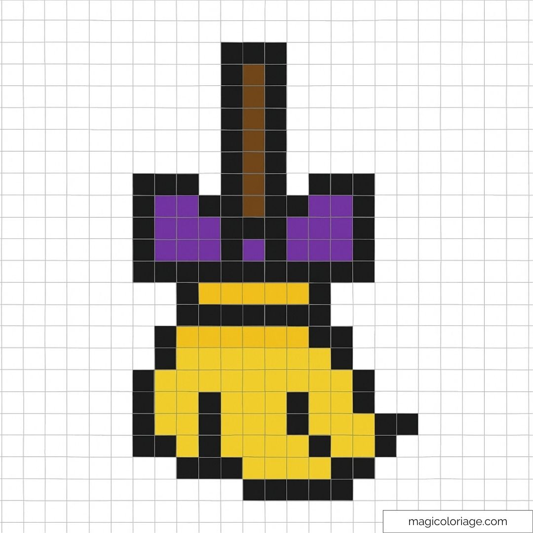 Balai magique en pixel art avec manche marron et franges dorées.