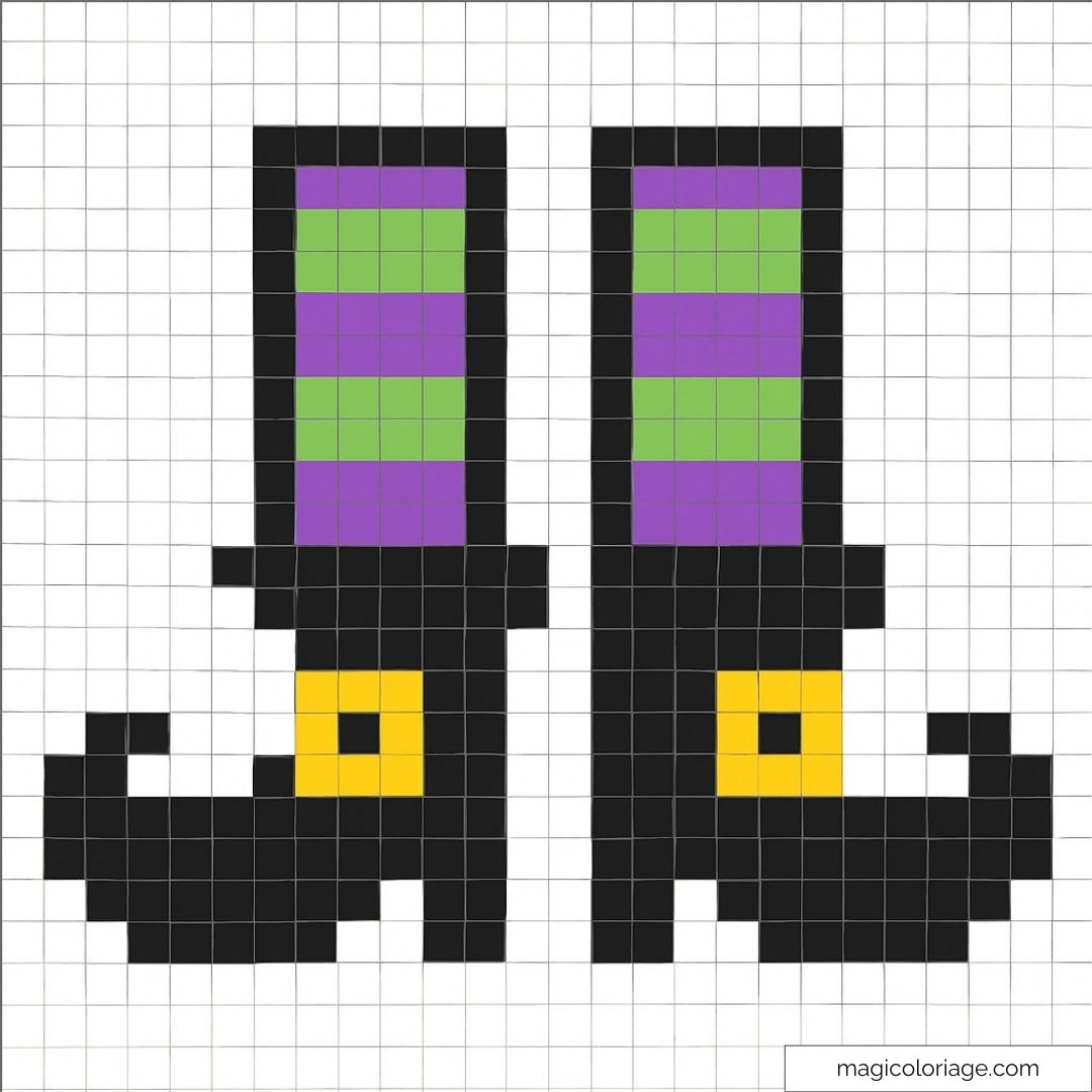 Pixel art de bottes de sorcière avec rayures vertes et violettes pour Halloween.