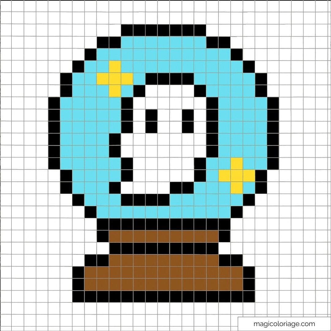 Pixel art boule de cristal mystique avec étoiles et base marron
