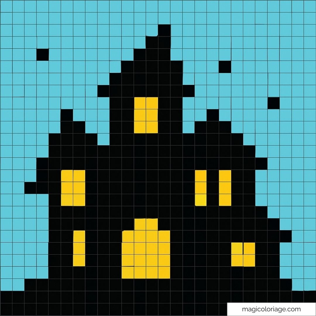 Château pixel art aux fenêtres lumineuses dans la nuit bleue.