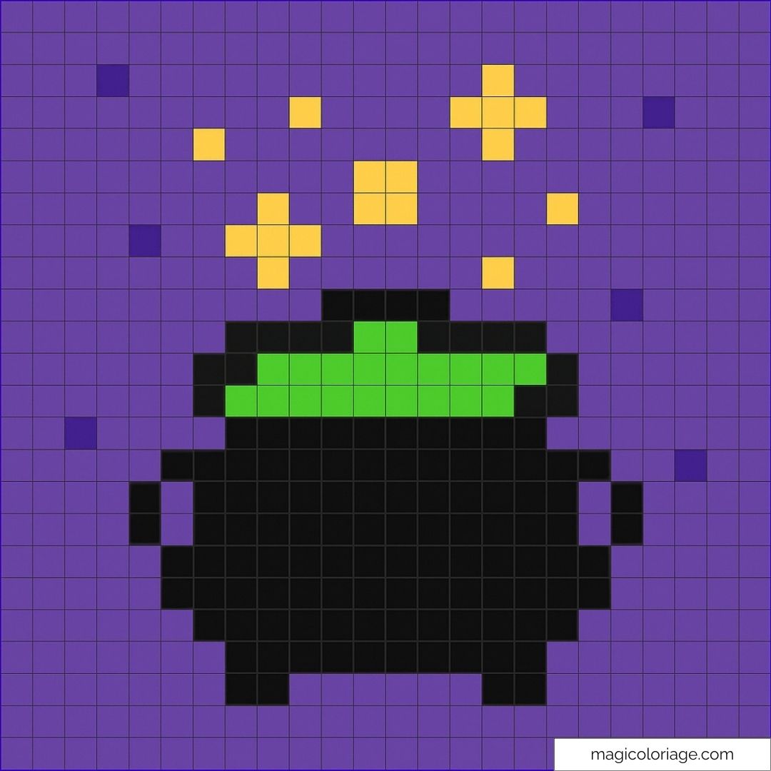 Pixel art chaudron magique noir et vert avec étincelles dorées.