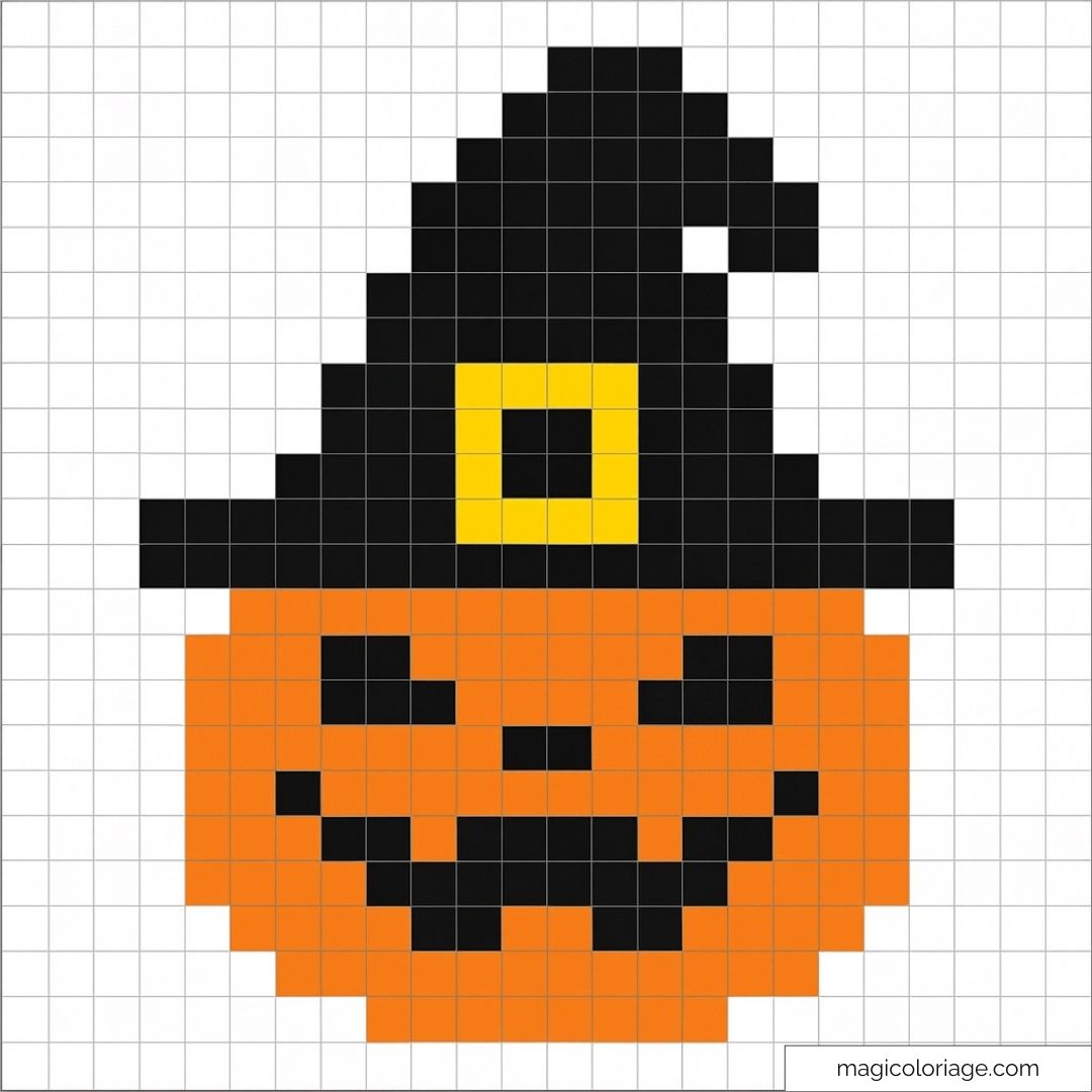 Pixel art citrouille Halloween avec chapeau de sorcier noir et boucle jaune