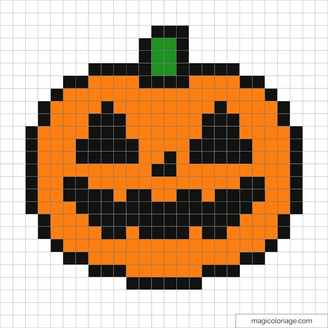 Pixel art citrouille Halloween avec une expression joyeuse.