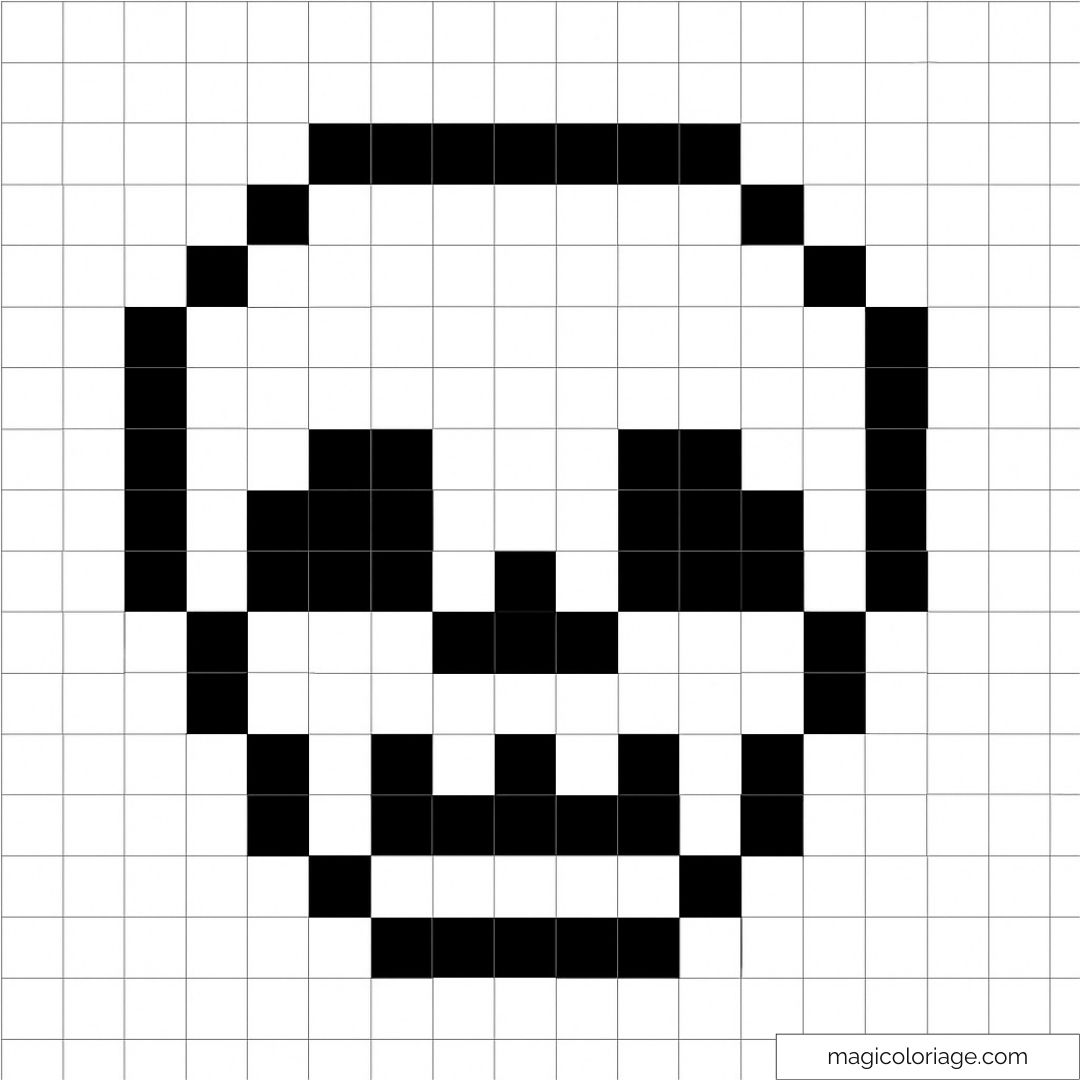 Pixel art noir et blanc représentant un crâne sur une grille.