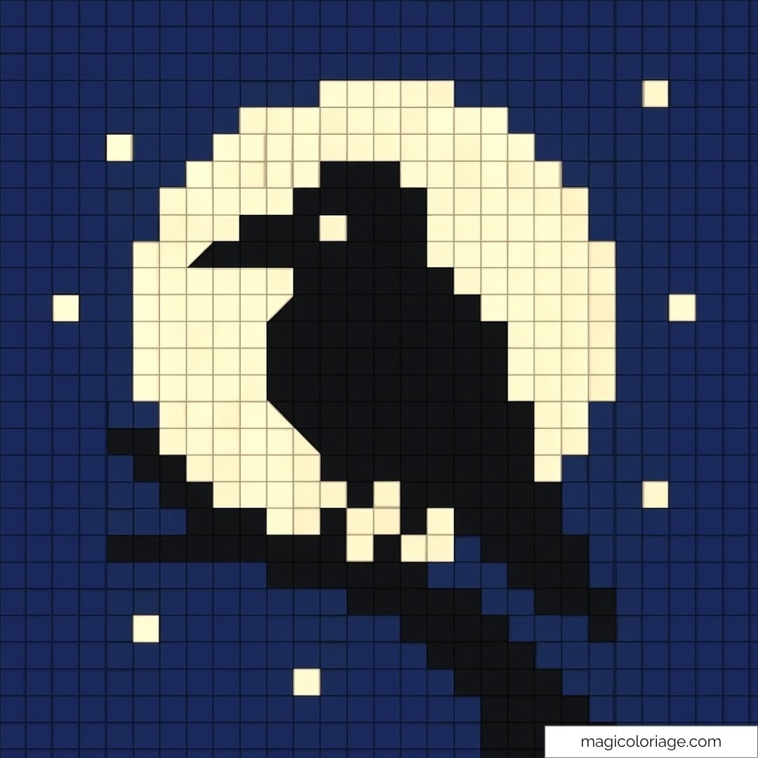 Pixel art d'un corbeau noir silhouette devant la lune.