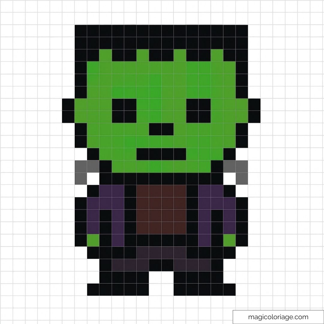 Pixel art de Frankenstein avec traits distinctifs et couleurs vibrantes.