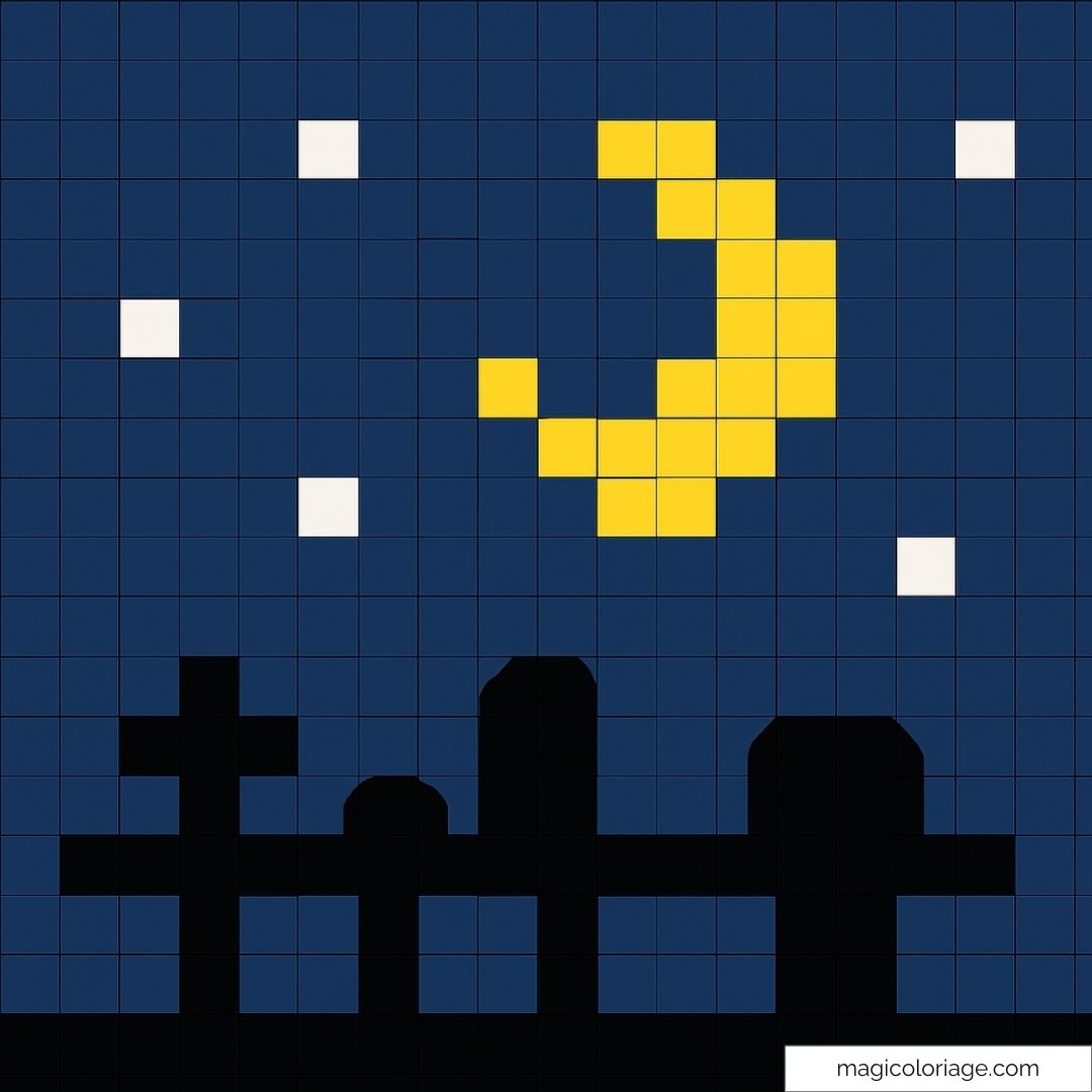 Dessin pixel art avec lune jaune et étoiles blanches sur fond de ciel bleu.