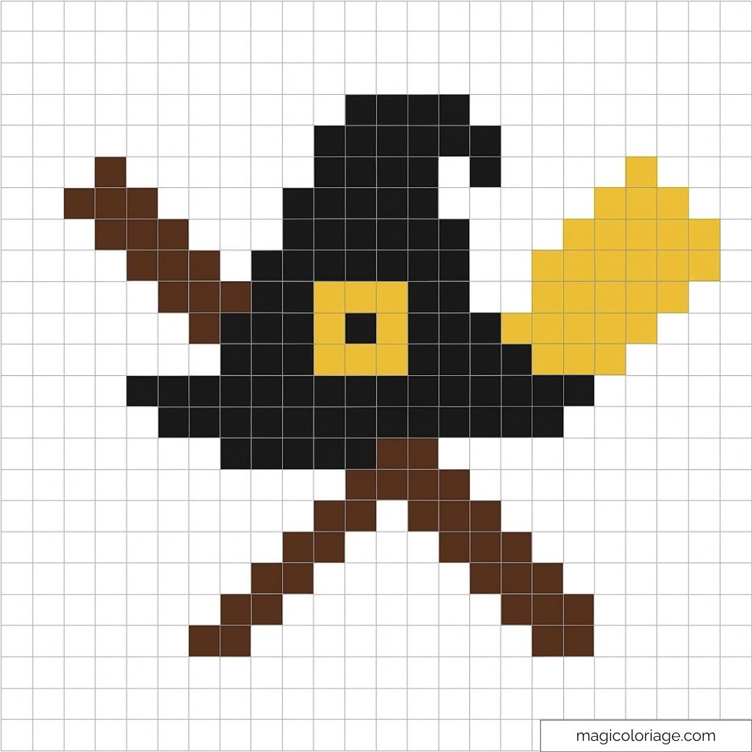 Pixel art de chapeau de sorcière noir et balais marron