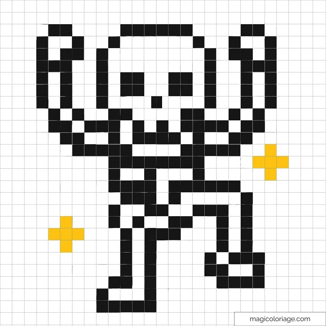 Squelette pixel art en mouvement avec éléments jaunes scintillants.