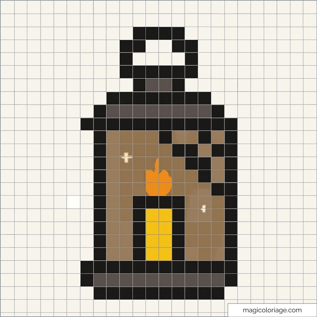 Lanterne pixel art avec flamme orange et fond noir