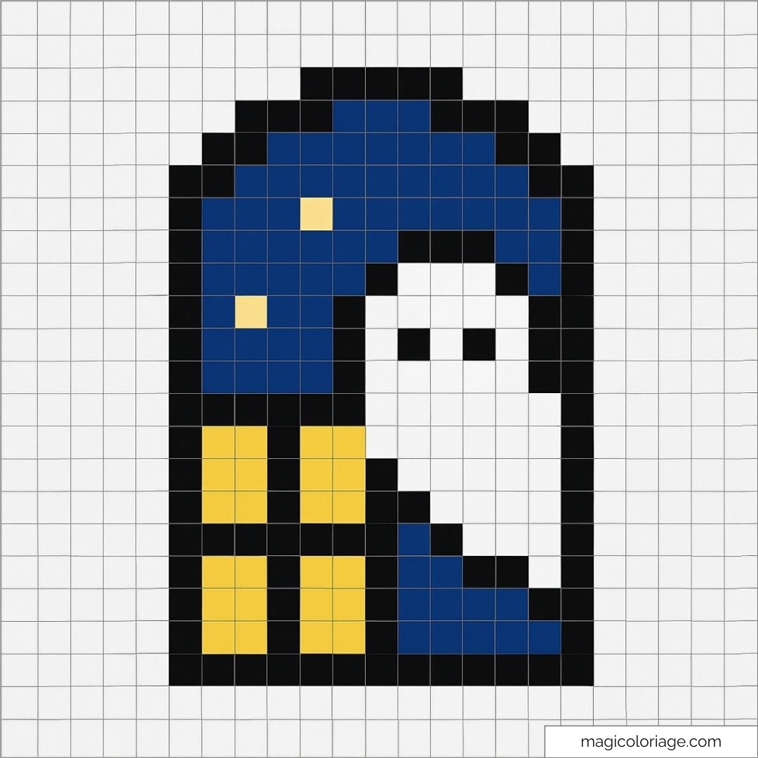 Pixel art hibou nocturne avec étoiles jaunes sur fond bleu