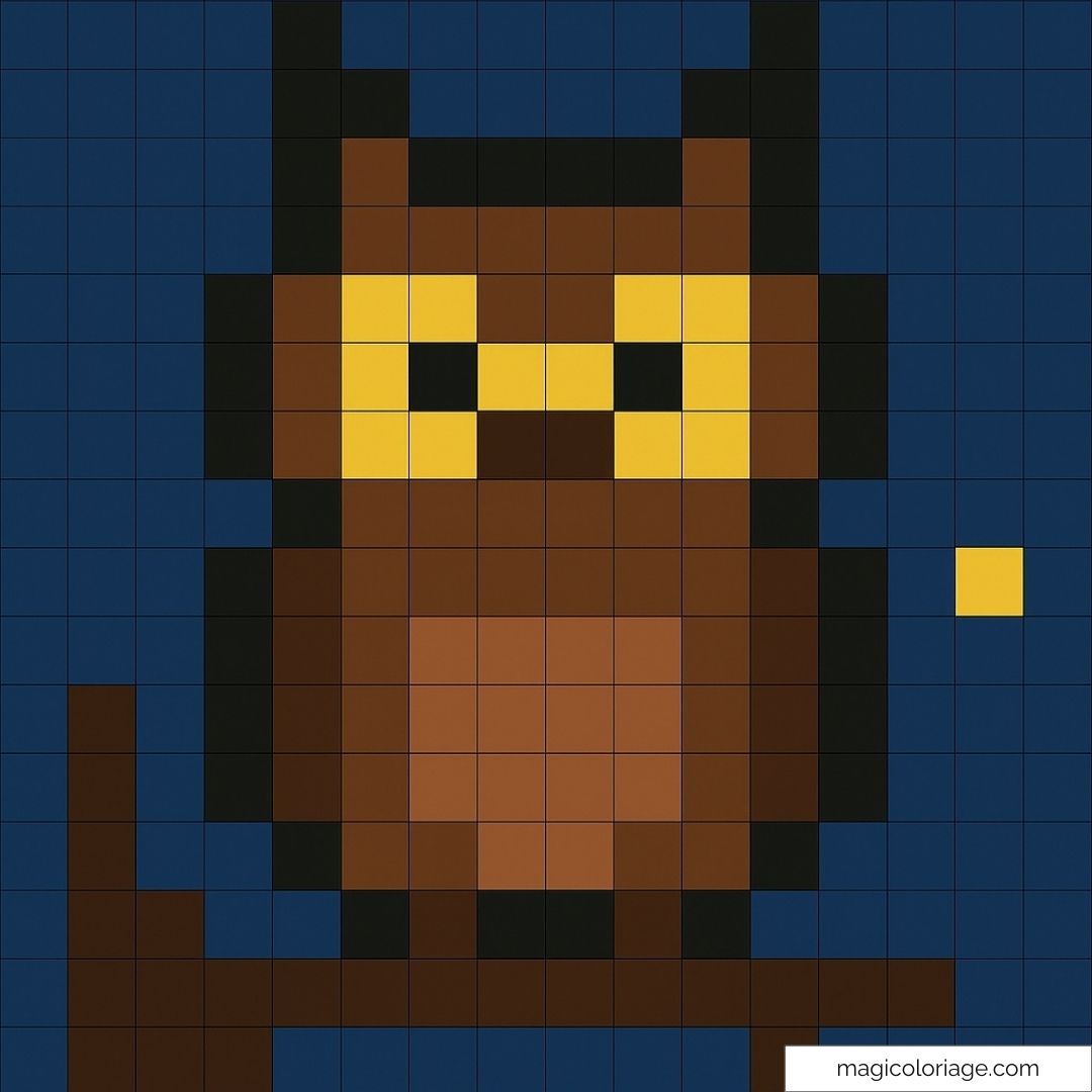 Pixel art chouette avec yeux jaunes sur fond bleu nuit.