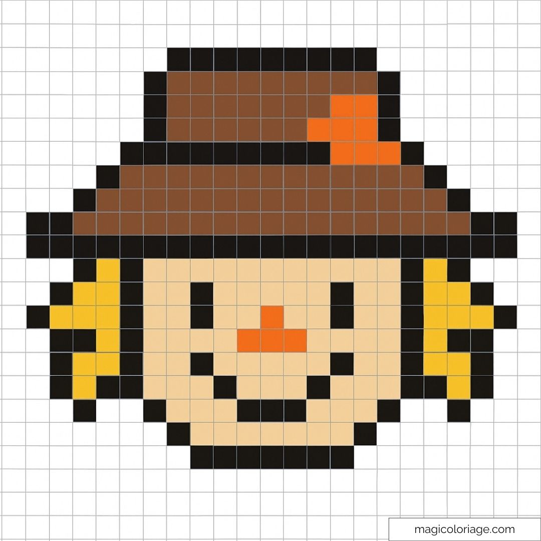 Pixel art épouvantail avec chapeau brun et cheveux jaunes
