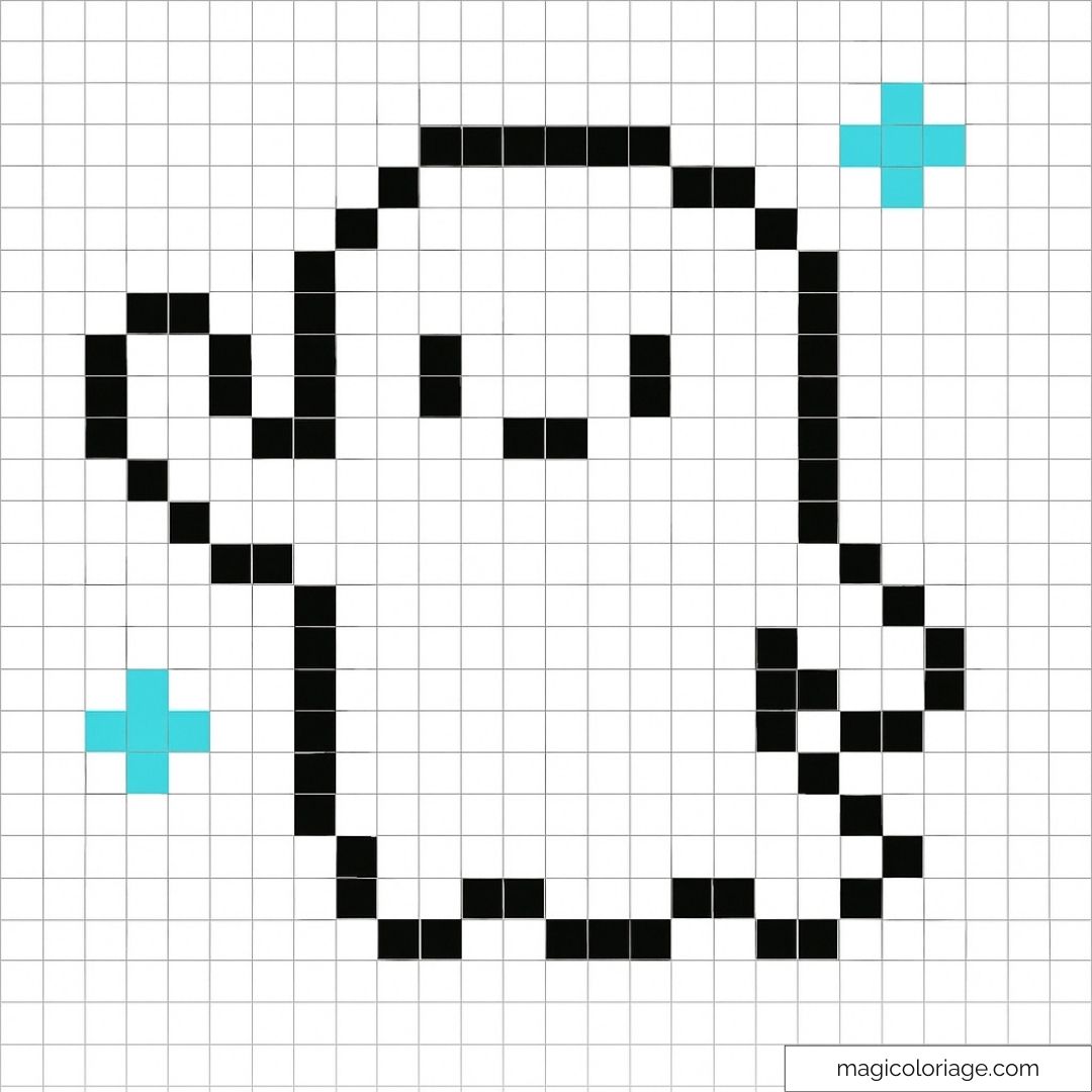 Adorable pixel art de fantôme noir et croix bleue pour détente