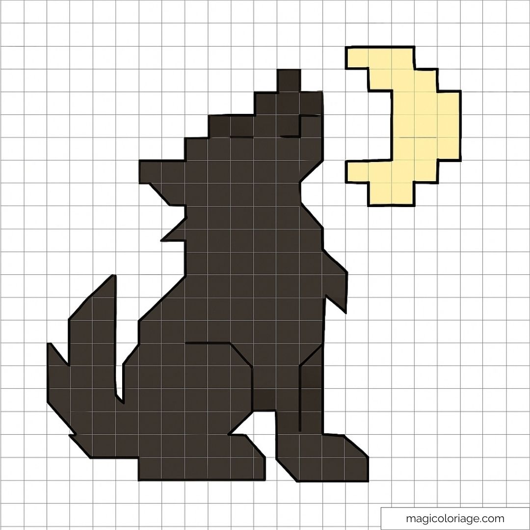 Pixel art d'un loup noir hurlant à la lune jaune sur fond quadrillé.