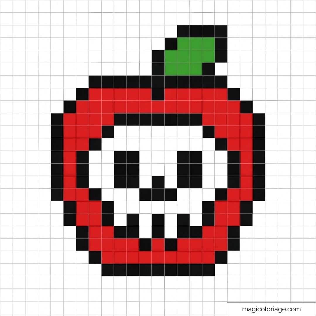 Pixel art d'une pomme rouge avec un crâne au centre