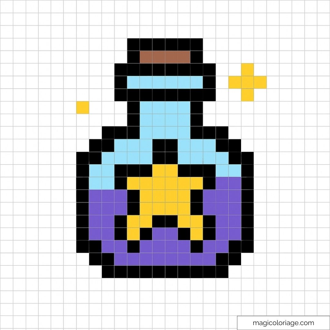 Pixel art d'une potion magique avec étoile jaune et lueur