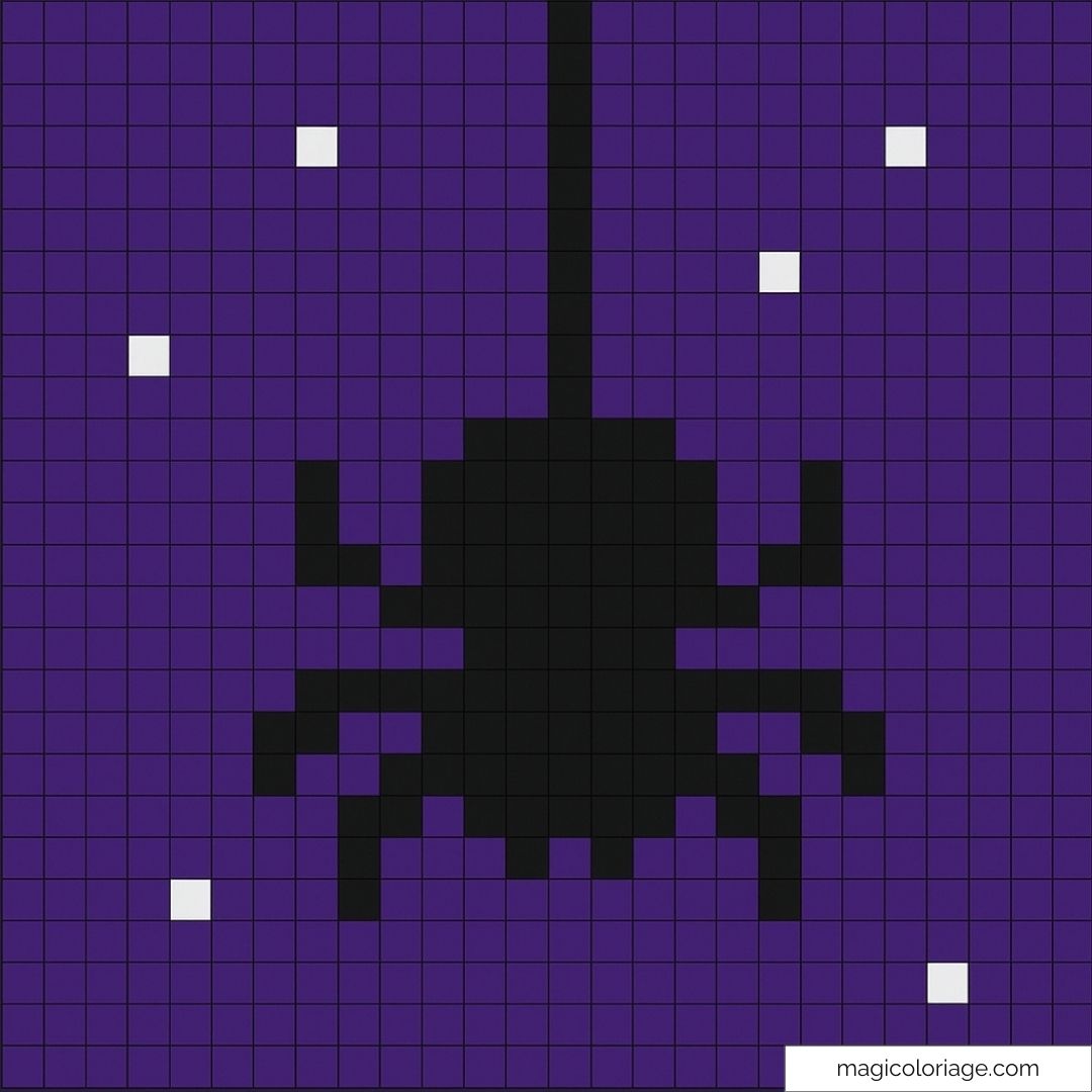 Pixel art araignée noir suspendue sur fond violet avec étoiles blanches.