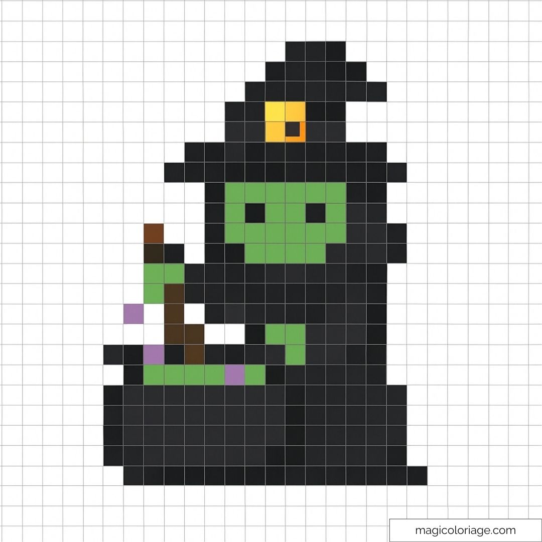 Pixel art sorcière mystique avec chapeau et chaudron.
