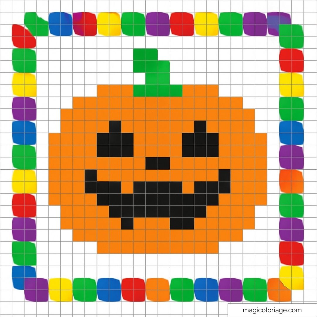 Citrouille pixel art entourée d’un cadre coloré