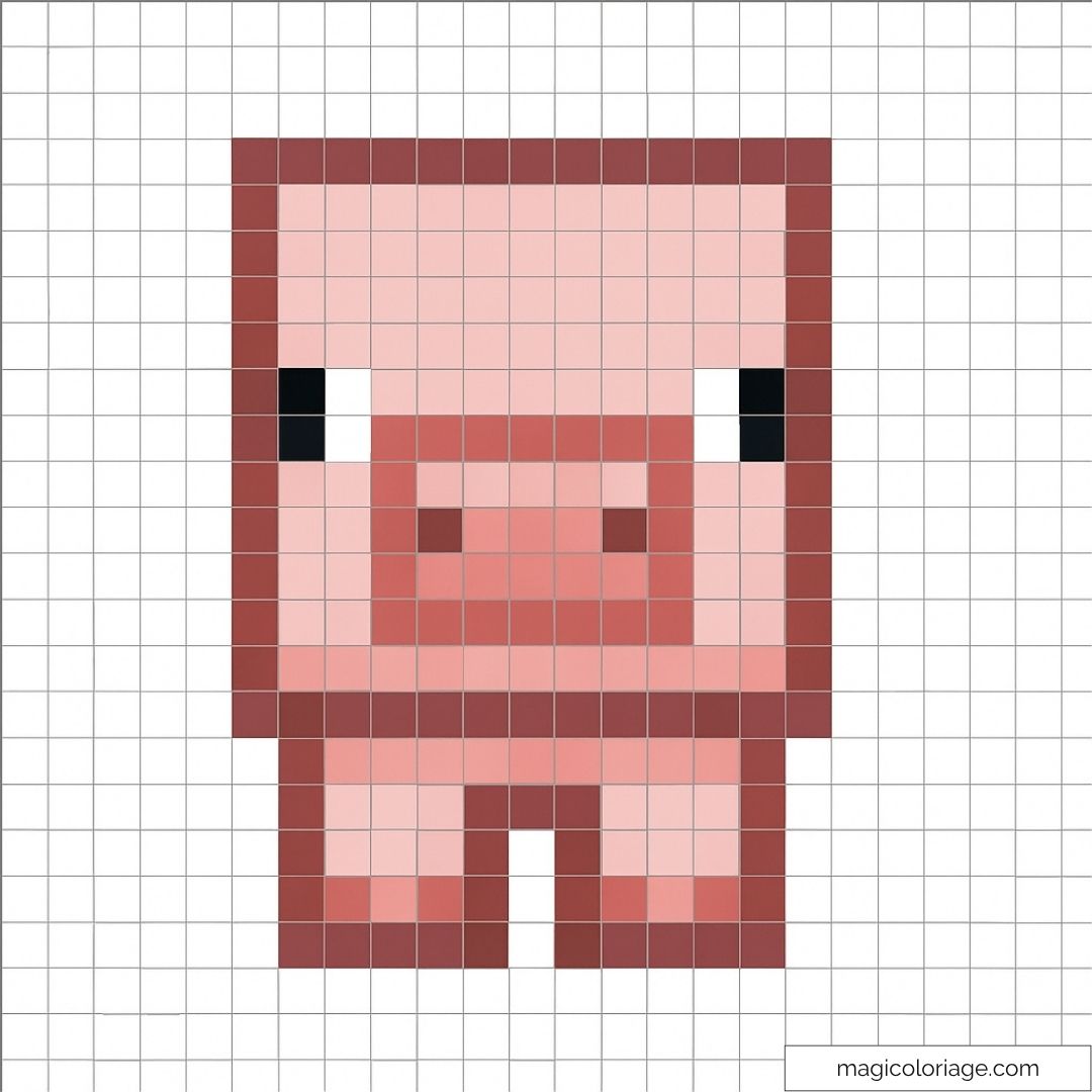 Pixel art d'un cochon Minecraft en blocs roses et rouges.