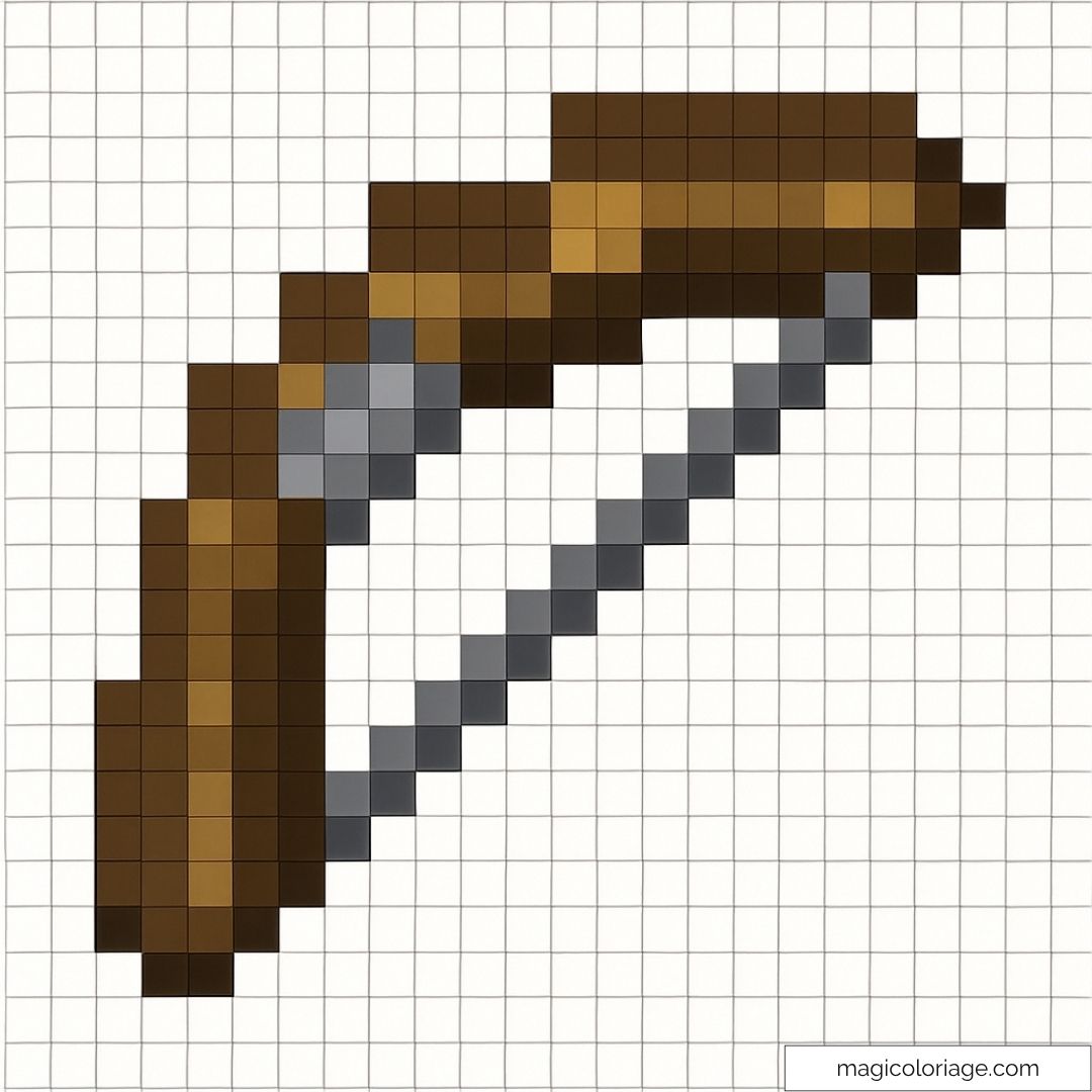 Pixel art d'un arc de Minecraft sur une grille carrée marron et gris.