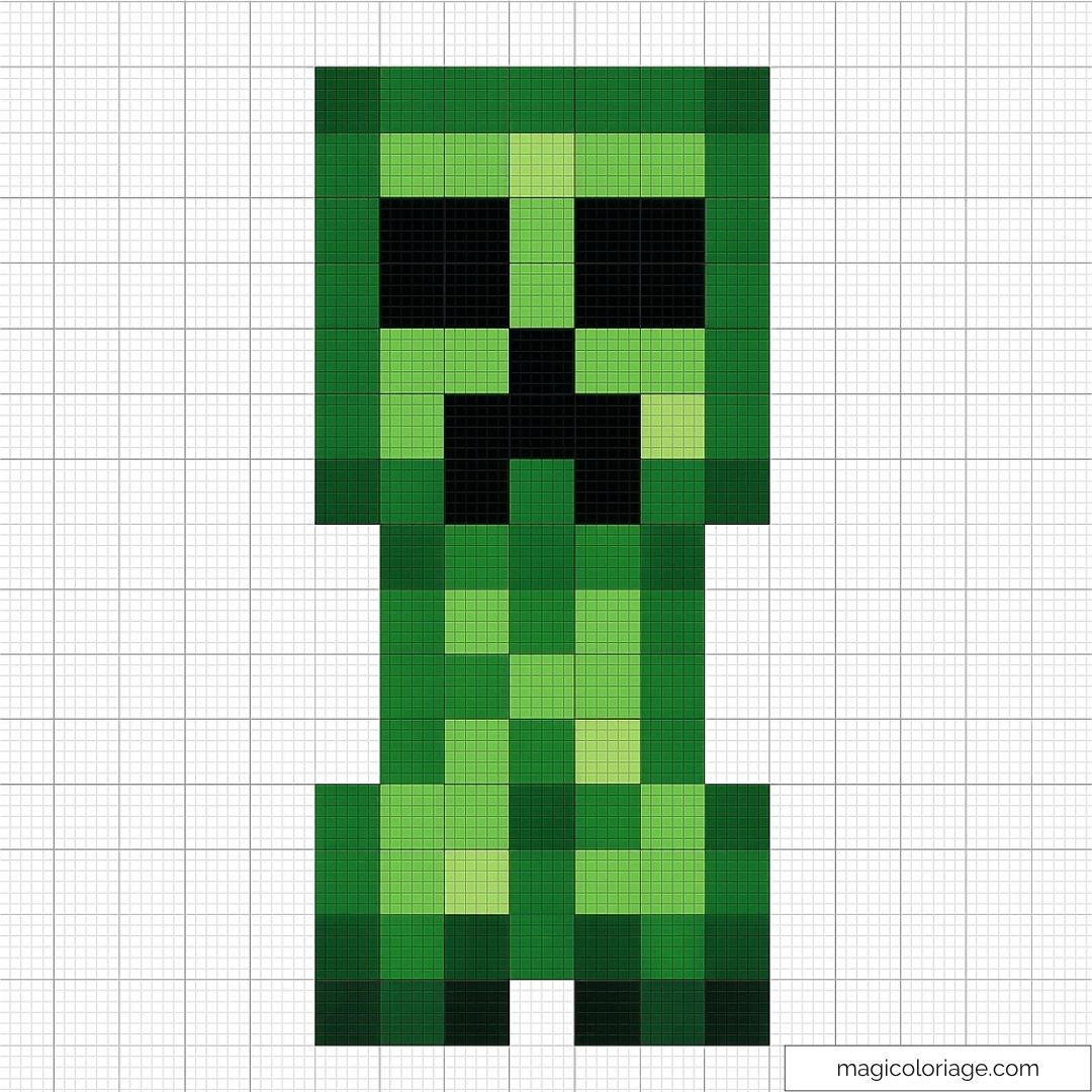 Pixel art Minecraft Creeper vert avec motifs de blocs noirs et verts.