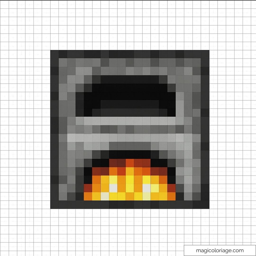 Pixel art four Minecraft en flammes sur une grille.