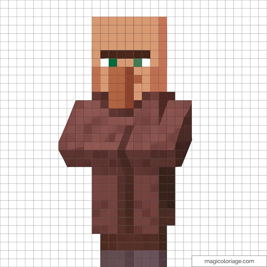 Pixel art Minecraft villageois avec robe marron et éléments distinctifs.