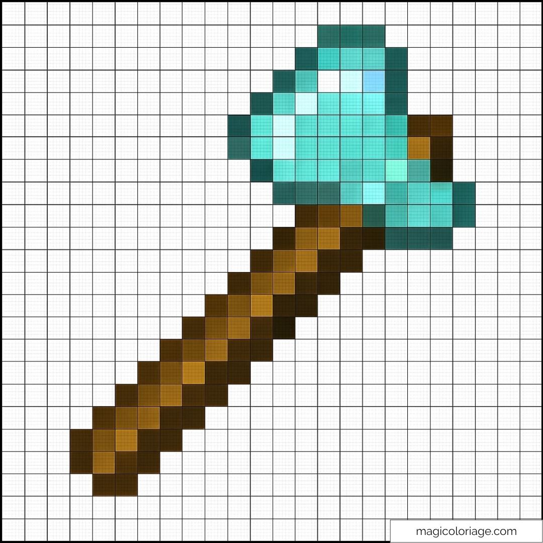 Pixel art Minecraft hache diamant sur fond quadrillé