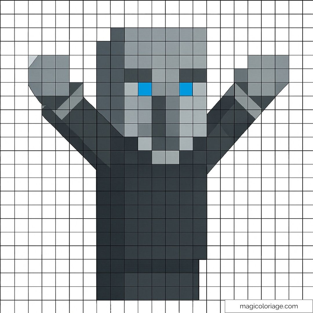 Pixel art Minecraft Illageois gris avec yeux bleus et bras levés.