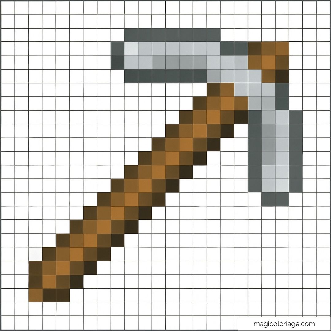 Pioche de Minecraft pixel art marron et grise.