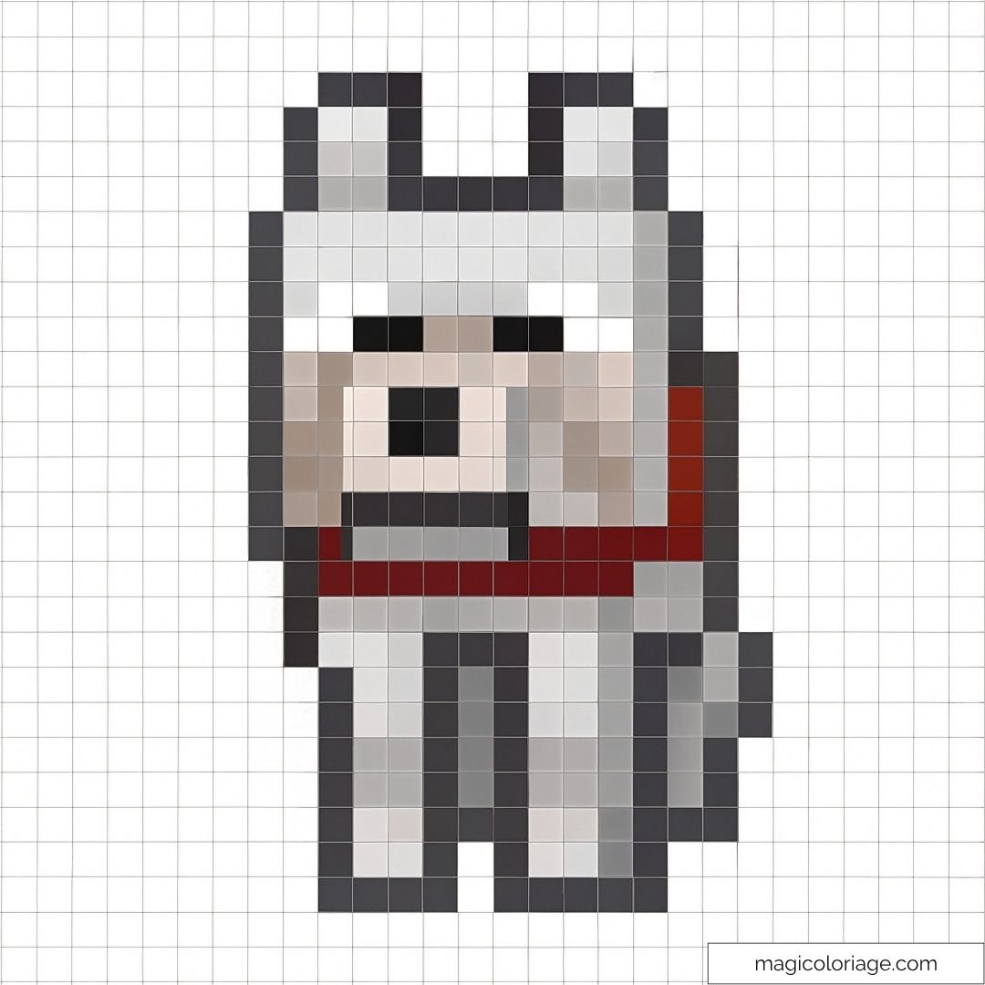 Pixel art représentant un chien emblématique de Minecraft en blocs colorés.