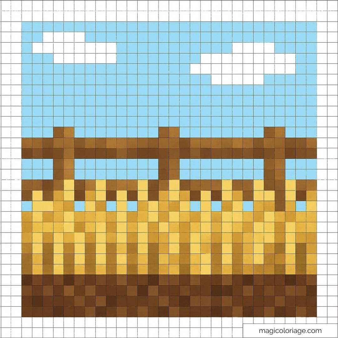 Pixel art d'une clôture et champ de blé dans Minecraft