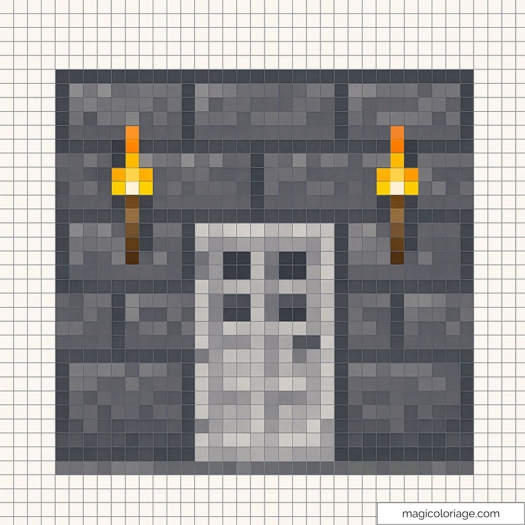 Pixel art représentant un mur avec porte et torches de Minecraft.