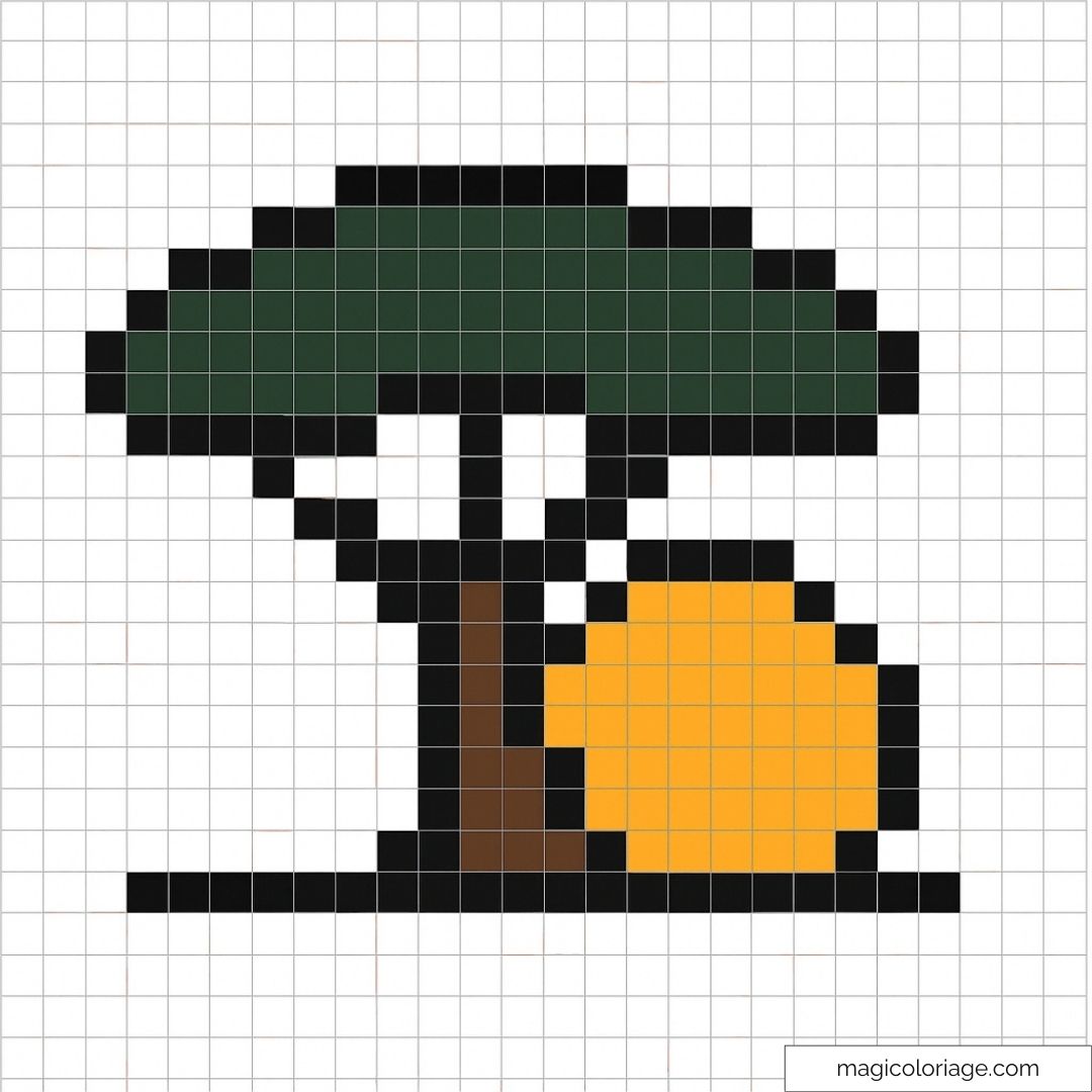 Pixel art arbre avec soleil couchant