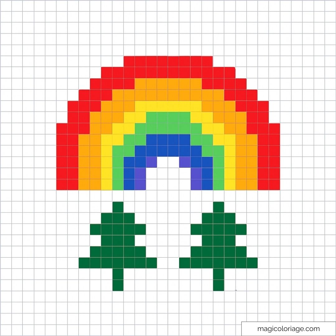 Dessin pixel art coloré d'un arc-en-ciel et de sapins.