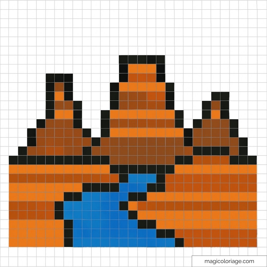 Pixel art d'un canyon rouge et d'une rivière bleue sinueuse.
