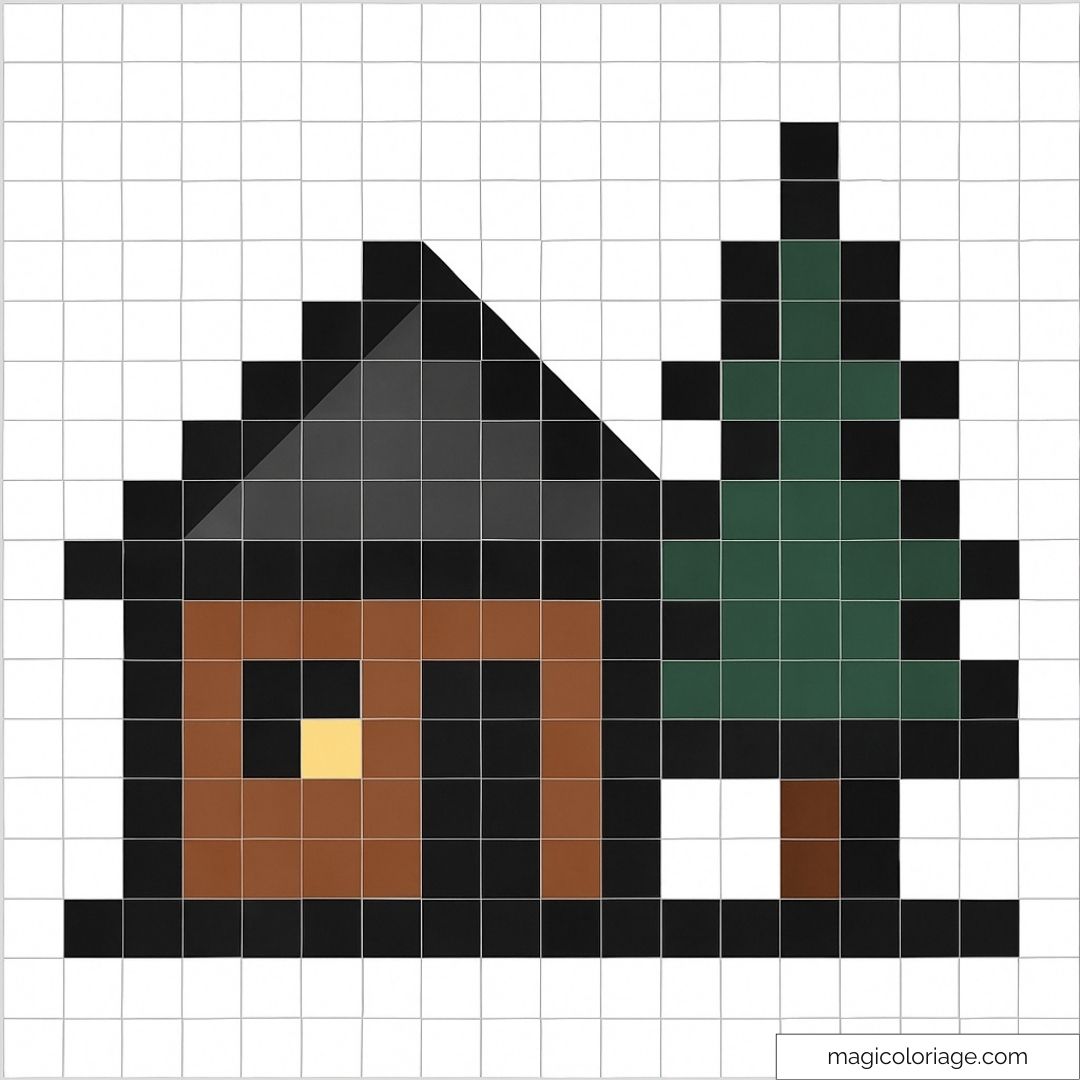 Pixel art montrant un chalet en bois avec un toit sombre et un sapin vert.
