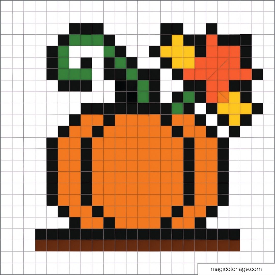 Pixel art de citrouille orange avec une fleur sur fond de grille.