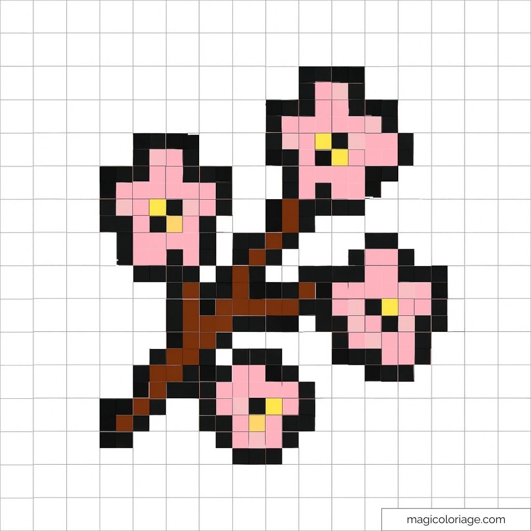 Branche de cerisier en fleurs en pixel art avec fleurs roses et arrière-plan quadrillé.