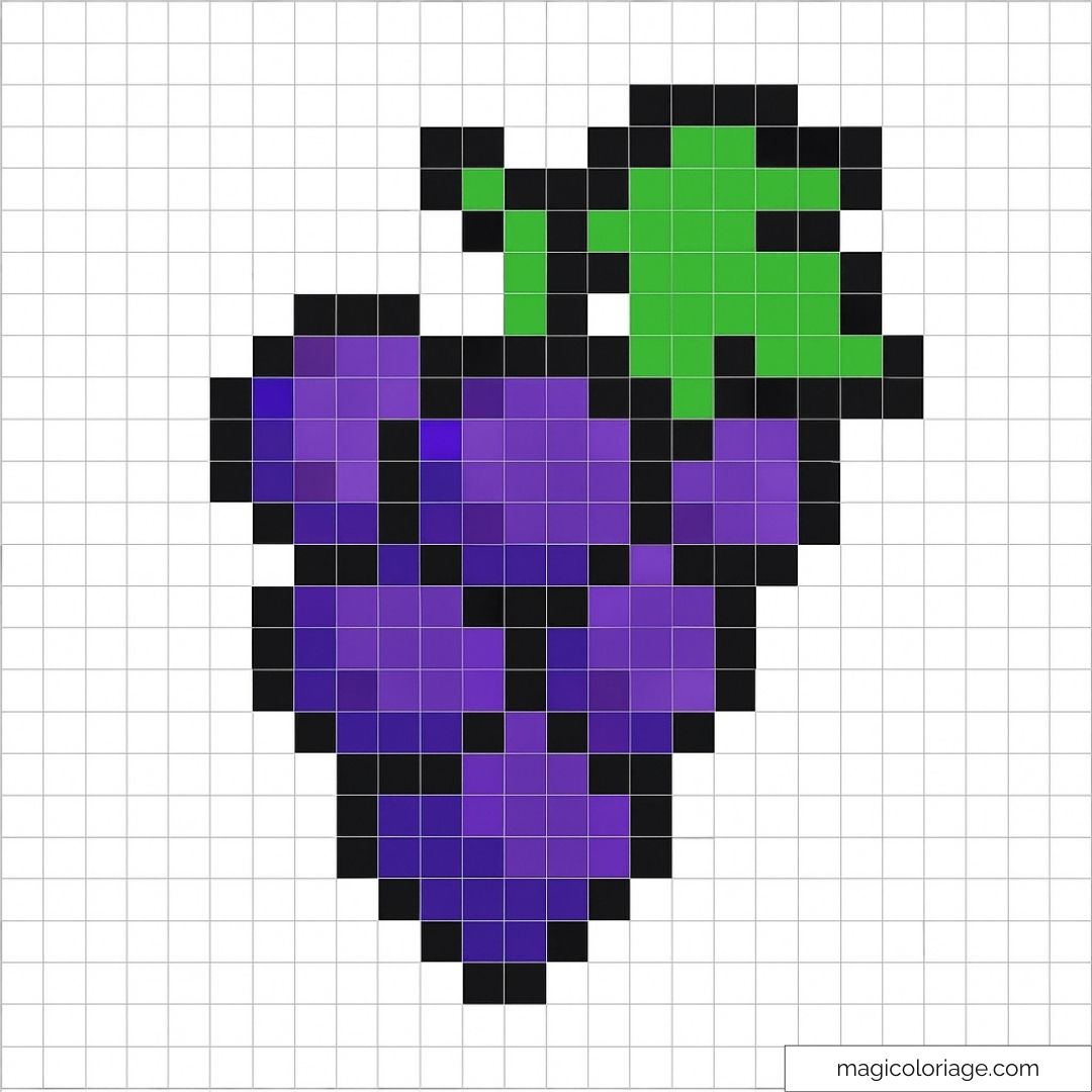 Grappe de raisin pixel art avec feuilles vertes et baies violettes.