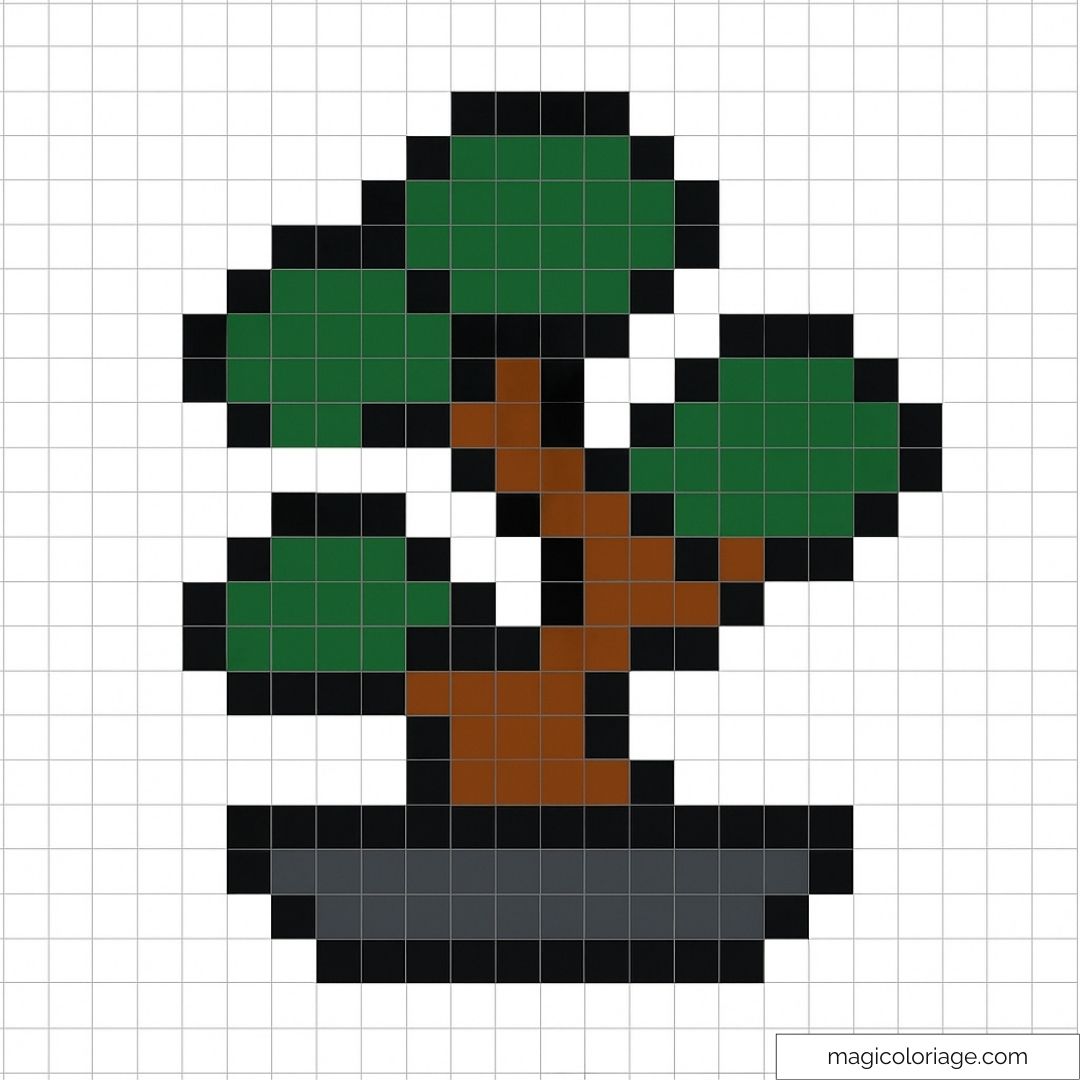 Image de pixel art représentant un bonsaï avec tronc marron et feuillage vert.